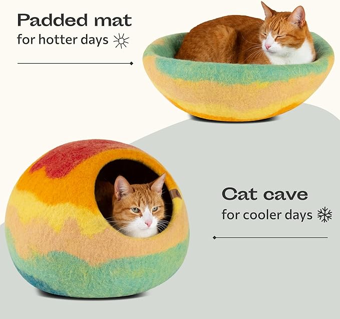 MEOWFIA Cat Cave – Premium Felt Cat Bed for Indoor Cats, Handmade 100% Merino Wool (Large, Tucson Sunset)