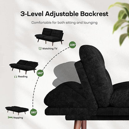 Marsail Futon Sofa Bed, Futon Couch with Adjustable Backrest & Armrests, Convertible Small Sleeper Sofa Bed for Small Apartments, Study Room, Office, Corduroy Loveseat, Black