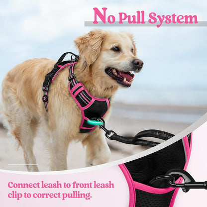 rabbitgoo Dog Harness No Pull with 2 Leash Clips, Adjustable Soft Padded, Reflective Oxford No Choke Pet Vest with Easy Control Handle for Large Dogs, Black & Hot Pink, L