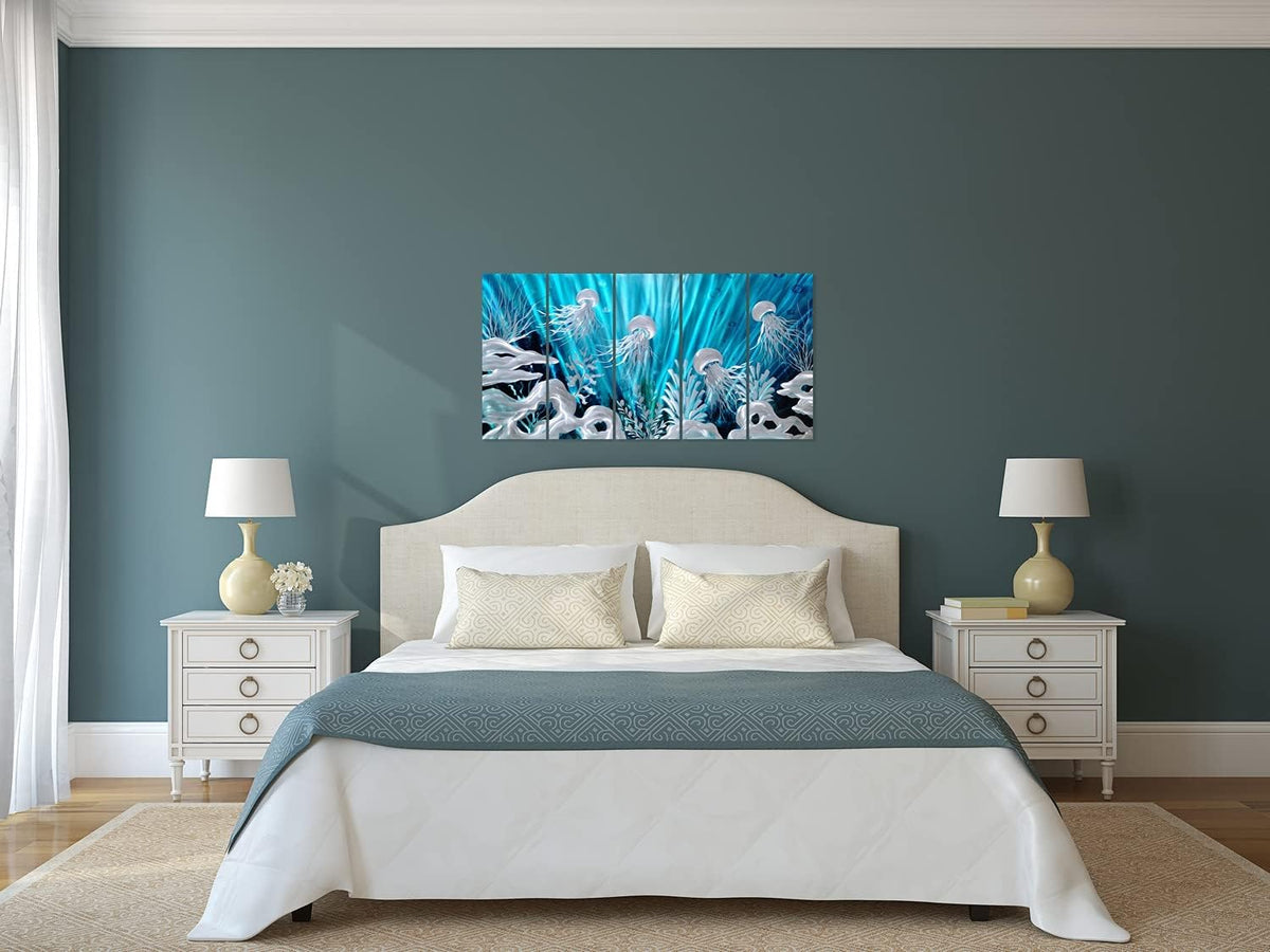 SYGALLERIER Jelly Fish Large Metal Wall Art Hand Grind Aluminum Artwork 3D Undersea World Coastal Pictures Nautical Decor for Living Room Bedroom