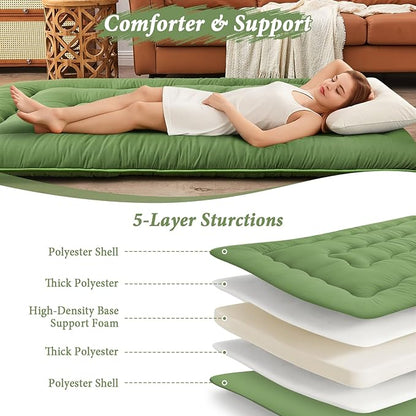 DAICO Japanese Floor Mattress, 4'' Thicken Futon Mattress Tatami Mat, Sleeping Pad Foldable Roll Up Mat for Camping and Guest Room, Full Size 54''*80'', Green