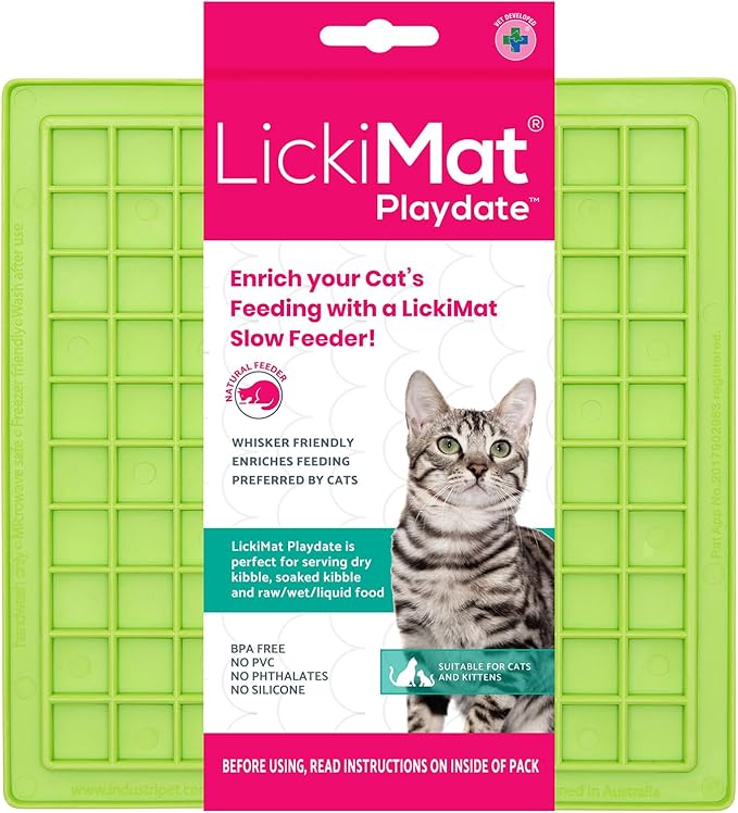 LickiMat Classic Playdate, Cat Slow Feeder Lick Mat, Boredom Anxiety Reducer; Perfect for Food, Treats, Yogurt, or Peanut Butter. Fun Alternative to a Slow Feed Cat Bowl or Dish, Green