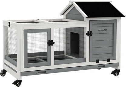 PawHut Wooden Rabbit Hutch with Wheels, Indoor Outdoor Large Bunny Hutch with Run & Slide-Out Tray for Small Animals, Rabbits, Chickens, Ducks, Guinea Pig, Gray