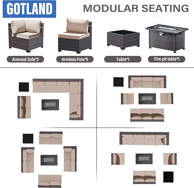 Gotland 10 Pieces Patio Furniture Set with Fire Pit Table, All Weather Rattan Outdoor Furniture with 29.5'' High Backrest 4’’ Thick Cushions Coffee Table, Outdoor Sofa for Deck, Garden, Khaki