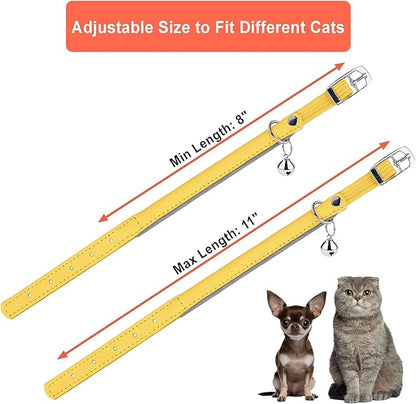 OOPSDOGGY Rolled Leather Cat Collar with Bell, Reflective Kitten Collars with Buckle Include Safety Elastic Strap - Adjustable Small Pet Collars for Boy Girl Cats (Yellow)