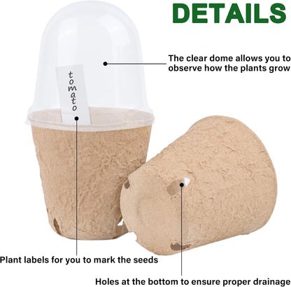 winemana 36 Set Plant Nursery Pots with Humidity Dome, Seed Starter Biodegradable Peat Pots, Seedlings Planting Pots with Labels for Indoor Outdoor Garden