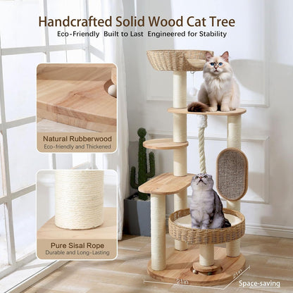 Wooden Cat Tree for Large Cat, 49.6-Inch Tall Cat Tower with Scratching Post for Indoor Cats, Multi-Level Cat Condo with Hand-Woven Cat Bed and Scratching Board Easy to Clean