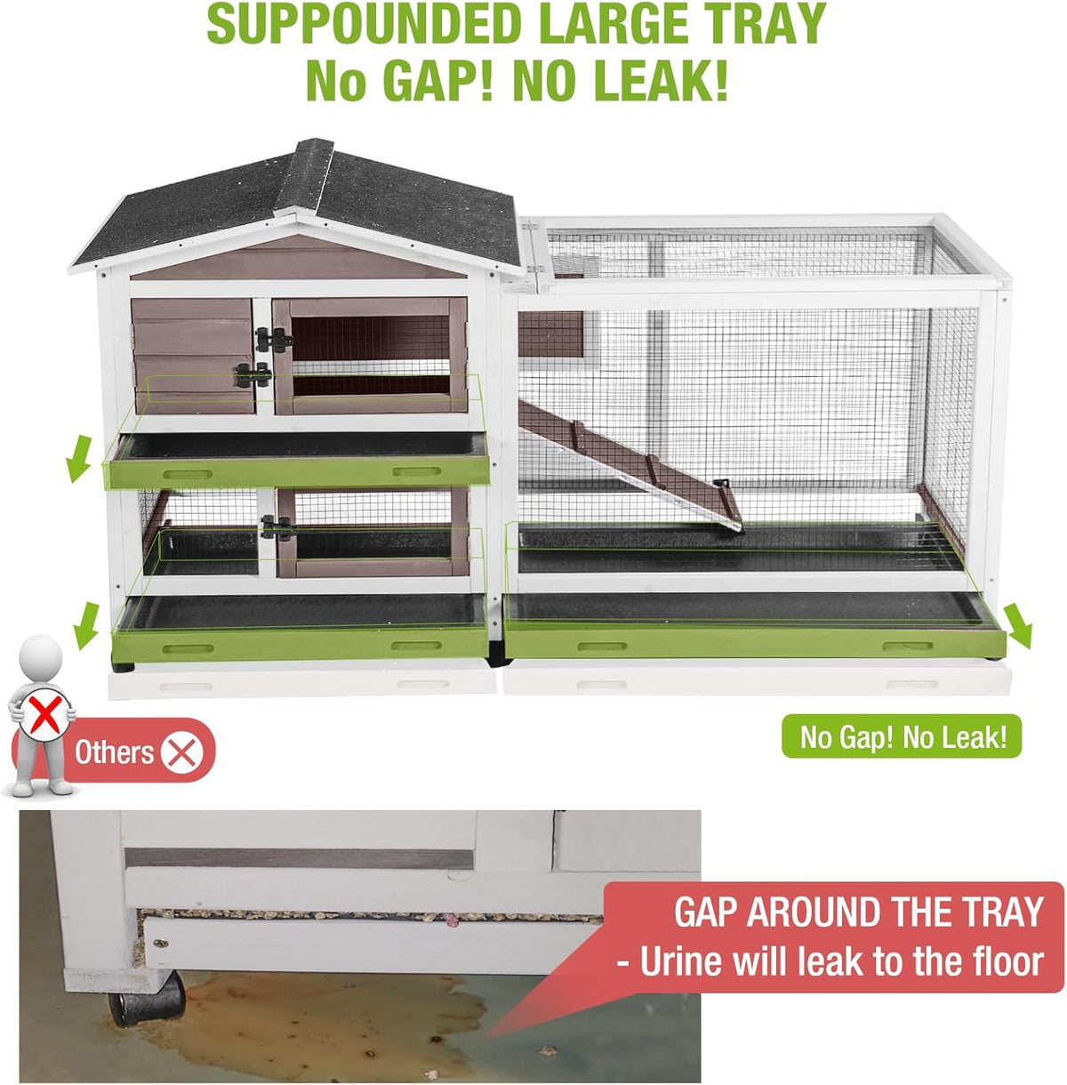 GUTINNEEN Rabbit Hutch with Chew-Resistant Ramp Indoor Bunny Cage Outdoor Guinea Pig Cage with Wheels and Leakproof Tray