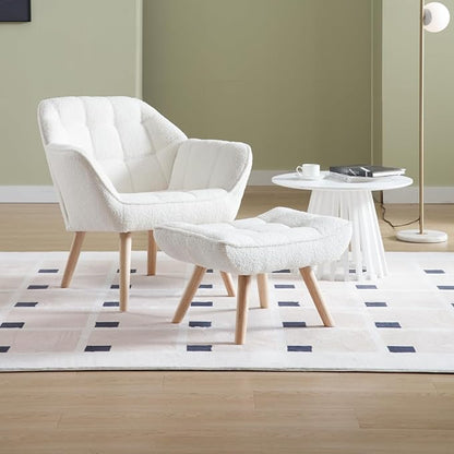 QUINJAY Modern Sherpa Accent Chair with Ottoman, Fluffy Upholstered Lounge Chair with Footrest, Comfy Living Room Side Boucle Armchair for Small Space Bedroom Apartment, White