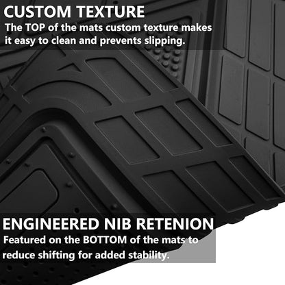 CAR PASS Heavy Duty Rubber Floor Mats Gray Car Mats Full Set with Trunk Cargo Liner - Universal Waterproof Floor Mats for Car SUV Truck, Durable All Weather Automotive Liner Mats (All Black)