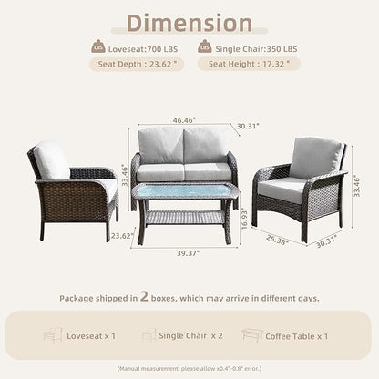 CAODOC 4-Piece Wicker Patio Furniture Set, All-Weather Rattan Conversation Bistro Loveseat Chair and Table Set for Backyard, Balcony and Deck with Soft Cushions and Metal Table(Gray)