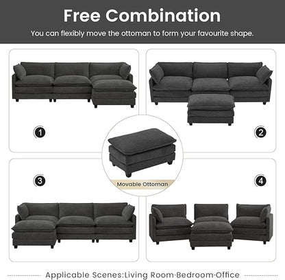 ROWHY Oversized Modular Sectional Couch with Movable Ottoman, 112" Modern Convertible L Shaped Sofa Set, 4 Seat Comfy Cloud Couch with 2 Throw Pillows, for Living Room, Chenille, Charcoal Grey