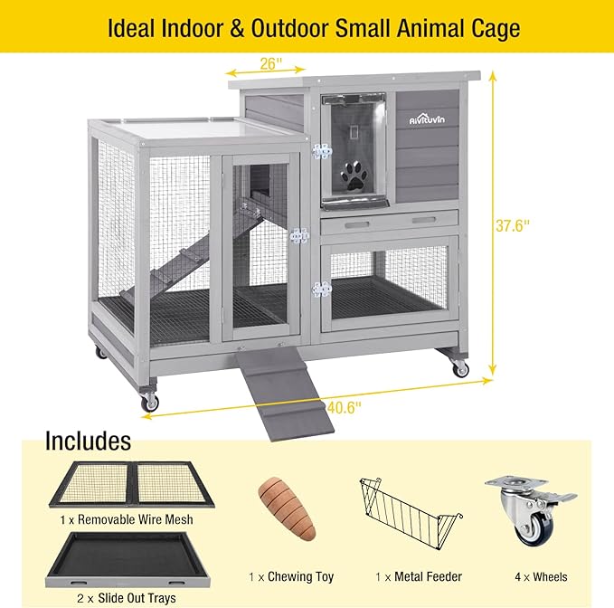 Aivituvin Rabbit Hutch Large Wooden Bunny House Guinea Pig Cages on Wheels, Two Trays, Indoor Outdoor