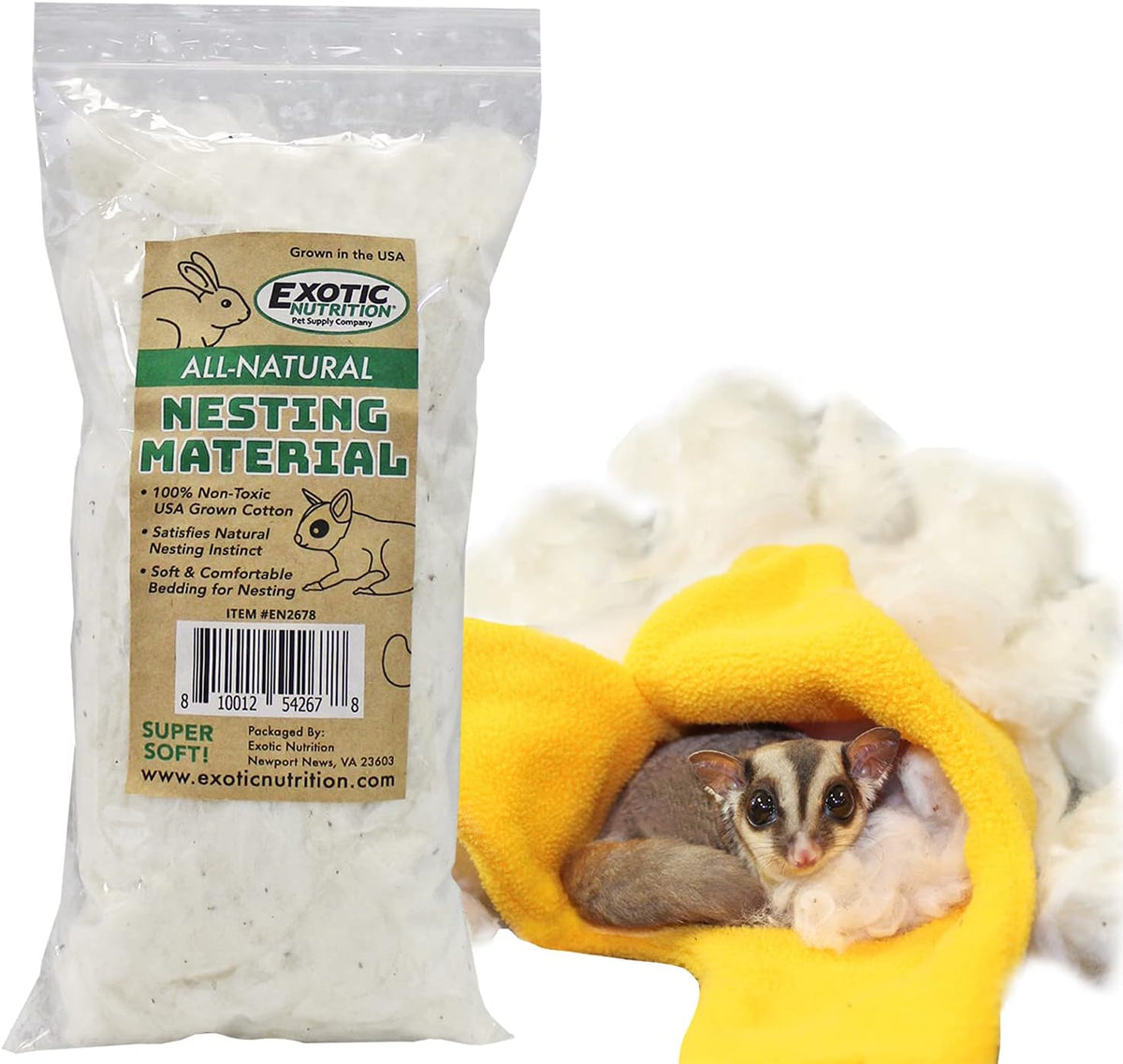 All-Natural Nesting Material (1.5 oz.) - 100% Cotton Eco-Friendly Animal Bedding - For Sugar Gliders, Squirrels, Hamsters, Rabbits, Chinchillas, Rats, Mice, Gerbils, Guinea Pigs and Other Small Pets