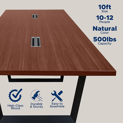 ahliss Sturdy Conference Table with Cable Management Grommets Modern Rectangle Office Meeting Table with Wood Tabletop and Metal Frame & Legs- Easy Assembly Boardroom Table (Mahogany, 10 Foot)