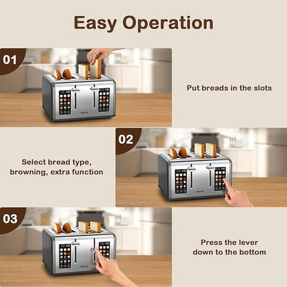 Mecity 4 Slice Toaster with Touch Screen Control, 4 Wide Slots, Stainless Steel
