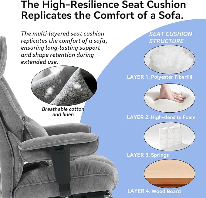Efomao Executive Office Chair, Soft-Cushioned Computer Chair with Foot Rest, Fabric Home Office Desk Chairs, Big and Tall Office Chairs, Grey
