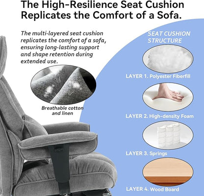 Efomao Executive Office Chair, Soft-Cushioned Computer Chair with Foot Rest, Fabric Home Office Desk Chairs, Big and Tall Office Chairs, Grey