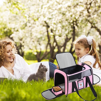 20" Large Cat Carrier Soft Sided for Cats Under 25 lbs, Folding Dog Carrier 20" Carrier for 2 Cats Travel Carrier - Pink