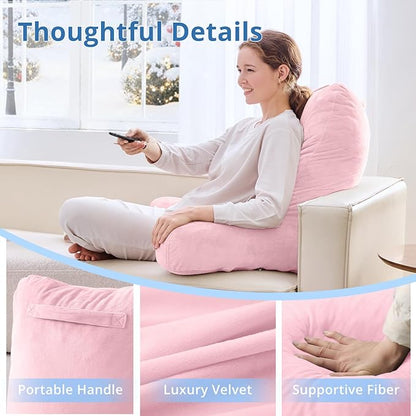Sasttie 25-inch Reading Pillows for Sitting in Bed Adult, Jumbo Velvet Back Pillow Bed Sitting Up, XL High Back-Rest Support Cushion for Sit Up on Couch & Floor, Oeko-Tex Certified, Pink