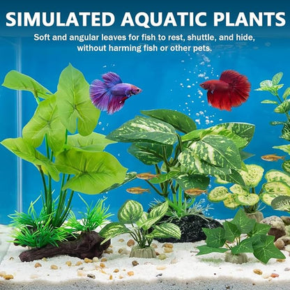 12pcs Artificial Silk Aquarium Plants Bettas Tank Accessories Green Fish Tank Plants Leaf Hammock Aquarium Decorations for Fish & Reptiles(Color:Green)