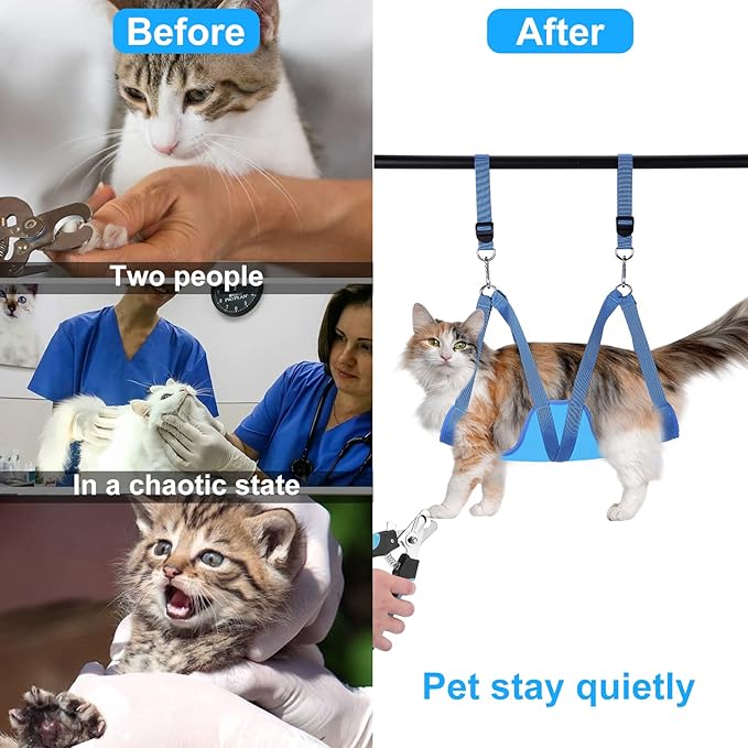 Cat Grooming Hammock, Pet Grooming Harness for Dogs&Cats, Multi Hammock Restraint Bag with Adjustable Grooming Loop/Stainless D-Hooks/Nail Clippers/Trimmer/Nail File for Pet Nail Trimming, Care (XS)
