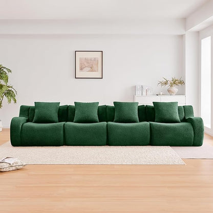 Green 4-Seater Cloud Couch, Modern Teddy Fabric Boneless Sectional Sofa in a Box for Living Room, Modular Floor Couch, Comfortable Deep Seat, No Assembly Required, Sofas para Sala
