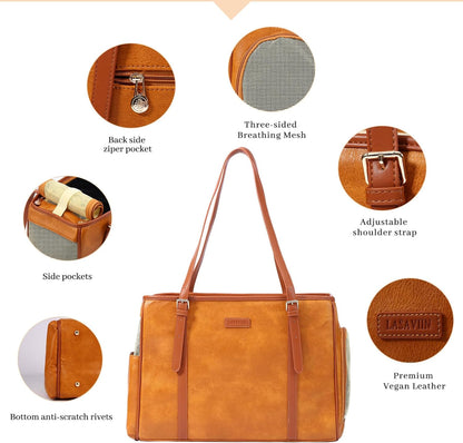 Fashion Dog Purse Pet Carrier Leather Bag for Small Dogs Cats Puppy, Portable Tote Bag Airline Approved Soft-Sided Carriers (Brown)