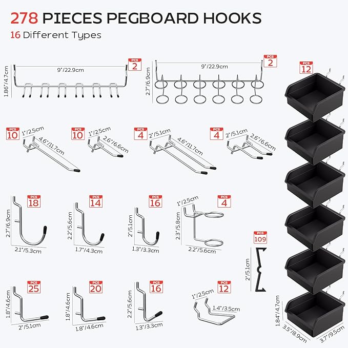 278PCS Upgraded Pegboard Hooks Assortment, Peg Board Organizer Accessories