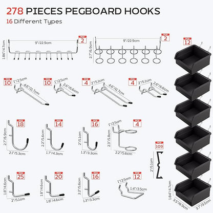 278PCS Upgraded Pegboard Hooks Assortment, Peg Board Organizer Accessories