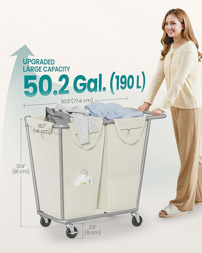 SONGMICS Laundry Basket with Wheels, 2-Section Laundry Sorter, 50.2 Gallons (190 L) Rolling Hamper with Removable Bags, Heavy-Duty Steel Frame, Cream White URLS009W01