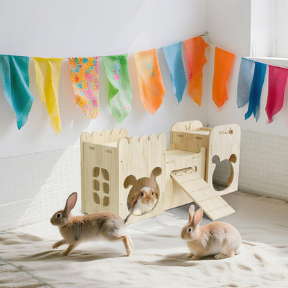 Natural Wooden Rabbit Castle House,Extra Large Hideout for Rabbit Guinea Pig Chinchilla Ferret,Sturdy Bunny House with Stair