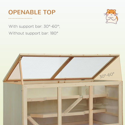 PawHut 45" Extra Large Wooden Hamster Cage, 3-Layer Chewproof Rat Cage with Opening Roof, Hut, Ramps, for Gerbil, Dwarf & Syrian Hamsters, Natural