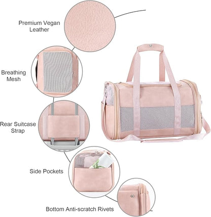 Fashion Leather Dog Carrier, Airline Approved Cat Carrier Soft Sided Pet Bag Carrier Purse for Puppy Kitten Small Animals Pink