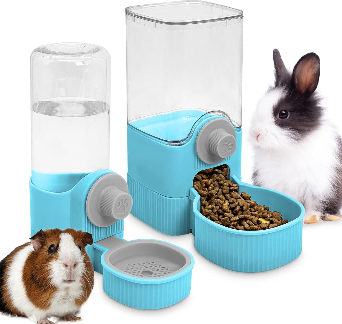 Fhiny Rabbit Food & Water Dispenser, Large Capacity Gravity Guinea Pig Feeder and Waterer Set for Cage Hanging Automatic Bunny Feeder for Bunny Guinea Pig Chinchilla Ferret Cat Puppy