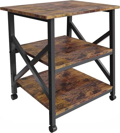 MILEFA Large 23.6 x 23.6 Inches Printer Stand with 3 Tiers, Height Adjustable Storage Shelf, Rolling Printer Cart with Industrial Wheels - Rustic Brown Home Office Printer Table