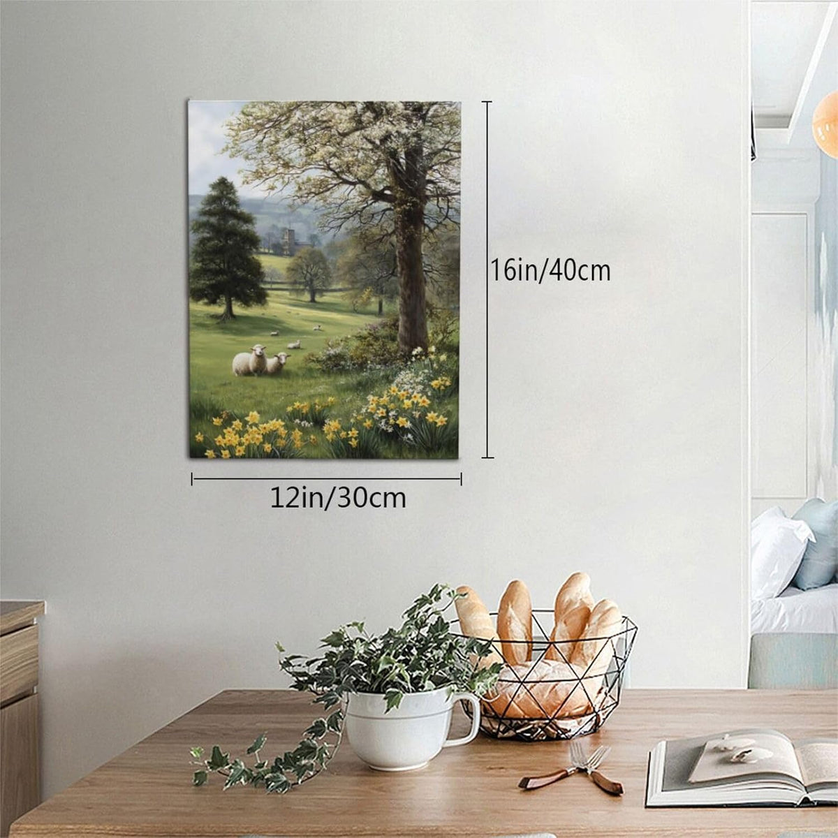 Country Sheep Canvas Wall Decor Farmhouse Rustic Lamb Wildflower Wall Art Nature Countryside Landscape Pictures Painting Print Framed Artwork Decorations for Bathroom Living Room Bedroom 12"x16"