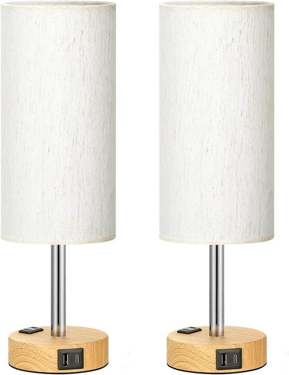 Fenmzee Small Touch Table Lamps Set of 2-3-Way Dimmable, USB A + C Charging, AC Outlet, Wood Grain Base, Bulbs Included
