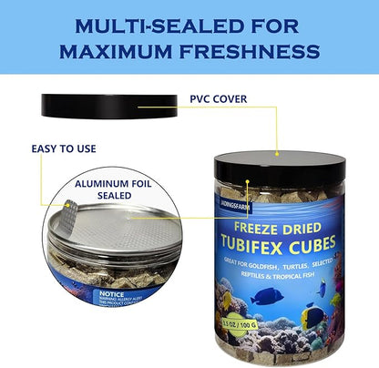 Freeze Dried Tubifex Worms Cubes 3.5 oz – High Protein Floating Fish Food for Betta, Discus, Cichlids, Tropical Fish, Goldfish, Koi & Turtles