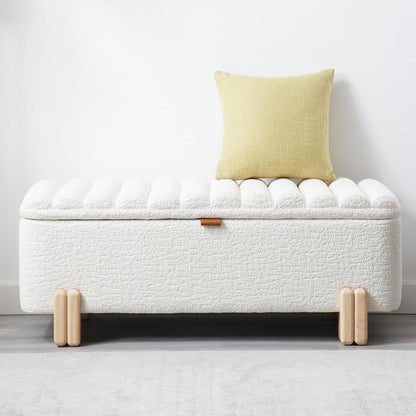 Kmax 45" Storage Bench Faux Fur Entryway Bench Upholstered Ottoman Bench with Wavy Top & Safty Hinge for Bedroom Living Room Hallway, White