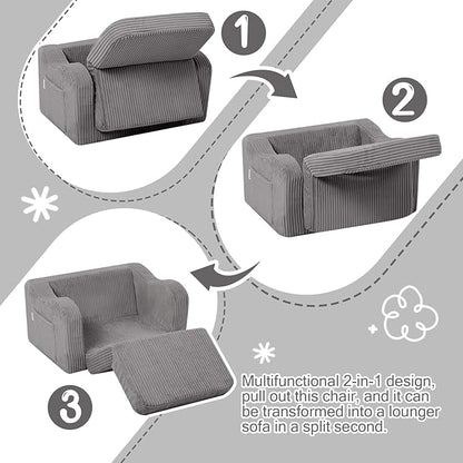 MeMoreCool Toddler Chair Comfy for 1-3 Years Old, Corduroy Kids Couch Bed Fold Out, 2-in-1 Foldable Baby Lounge Chair, Pull Out Children Sofa Bed, Light Grey