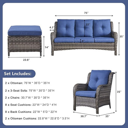 Rilyson Wicker Patio Furniture Set - 6 Piece Rattan Outdoor Sectional Conversation Sets with 2 Sofa,2 Armrest Chairs and 2 Ottomans for Porch Deck Garden(Mixed Grey/Blue)