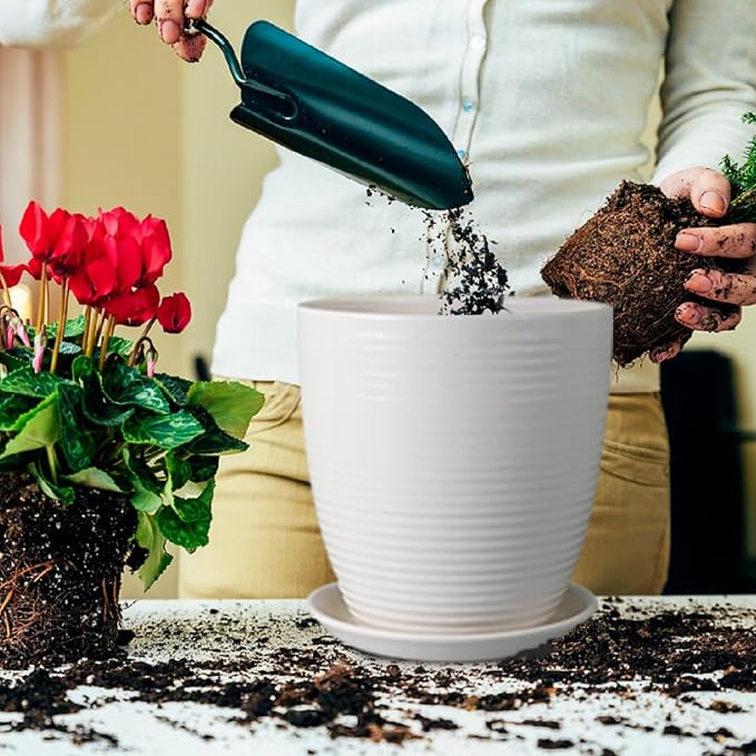 10 Inch Ceramic Planter Pot - Large Plant Pot with Drainage Hole and Saucer, Modern Round Flower Pots for Indoor Outdoor Plants, Garden Planter, White