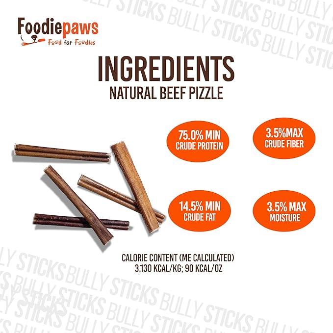 FOODIEPAWS 5 Inch Bully Sticks for Dogs, 25 Pack Bulk | All Natural, Grass-Fed Beef | High Protein, Rawhide-Free & Fully Digestible Dog Chews | Long Lasting Dental Treats for Small & Medium Dogs