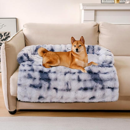 FUNNY FUZZY Pet Fluffy Fuzzy Couch Cover, Calming Washable Dog Bed Sofa Protector Pets Mat for Small Medium Dogs and Cats (Tie-dye Blue,33.45 × 28.35 × 5.51 in)