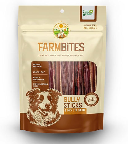 Bully Sticks – Odor-Free (6”, 15-Pack) | All-Natural 100% Beef Dog Chews | Grass-Fed, Grain-Free, Non-GMO | Easily Digestible Treat for Puppies, Small Breeds & Senior Dogs
