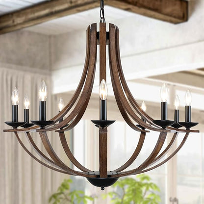 Rustic Chandeliers for Dining Room Light Fixture, 10-Light 35" Adjustable Height Retro Faux Wood Texture Farmhouse Light Fixtures for Living Room Bedroom Foyer Entryway