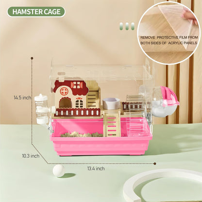 8 in 1 Clear Acrylic Hamster Cage with All Accessories,13.5''L* 10''W* 13''H Dwarf Hamster Cage,Small Hamster Habitat,Garden Style Mouse Cage for Pet Mice,Hamster Enclosure(1-Layer,Pink)