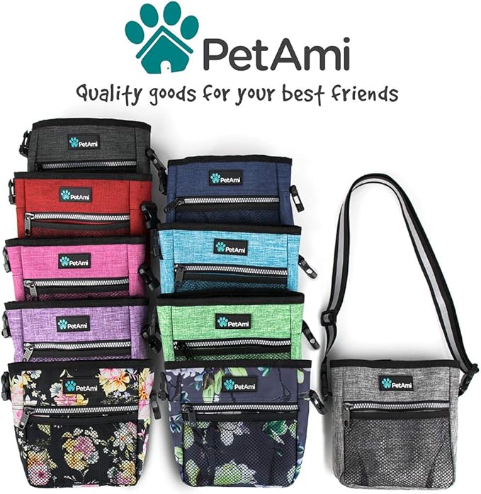 PetAmi Dog Treat Pouch, Pet Treat Pouch for Training, Dog Walking Bag Holder for Kibbles, Pet Food Toy, Dog Trainer Essentials Supplies, Poop Bag Dispenser, 3 Ways to Wear (Floral Grey)