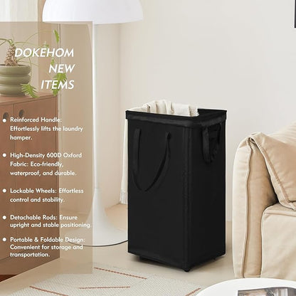 DOKEHOM 90L X-Large Laundry Basket with Removable Wash Bag on Wheels, Collapsible Rolling Laundry Hamper, Foldable Clothes Organizer, Folding Washing Bin (Black)